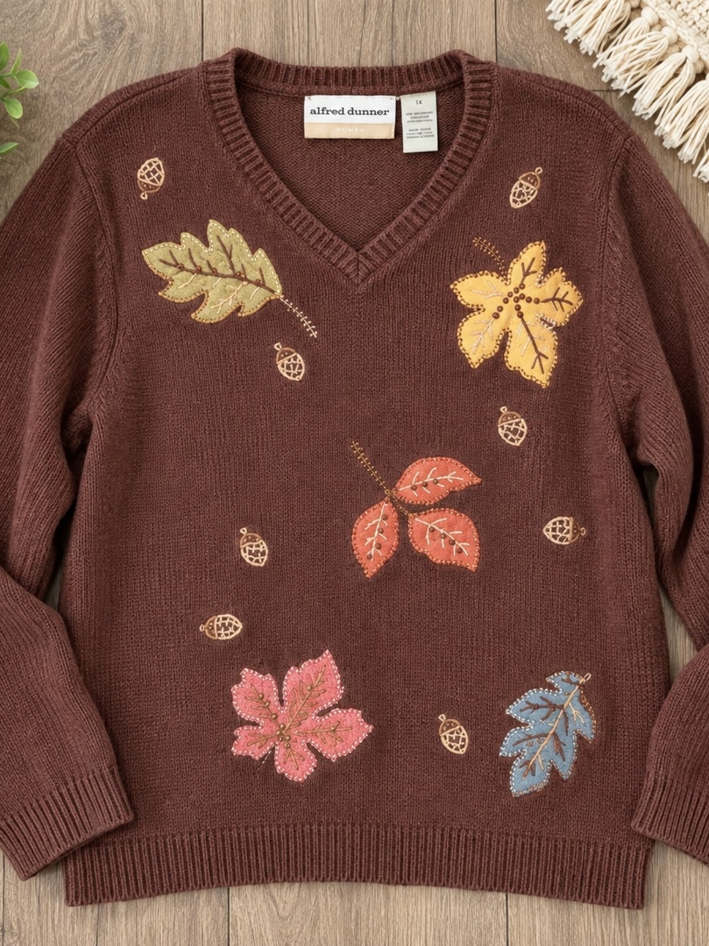 alfred dunner Women's Brown V-Neck Fall Leaf Appliqué Sweater